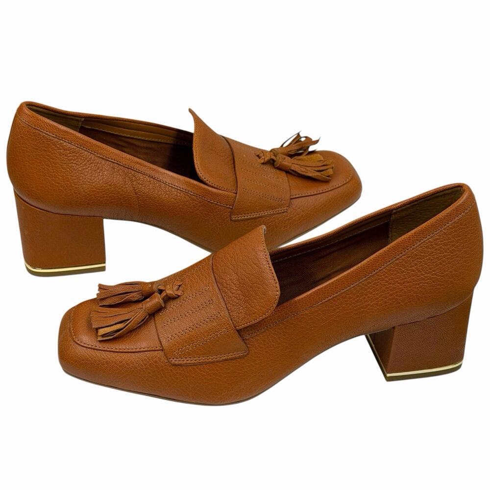 FRANCO SARTO ROME COGNAC BROWN LEATHER TASSEL BLOCK HEEL LOAFER PUMPS SIZE 7.5